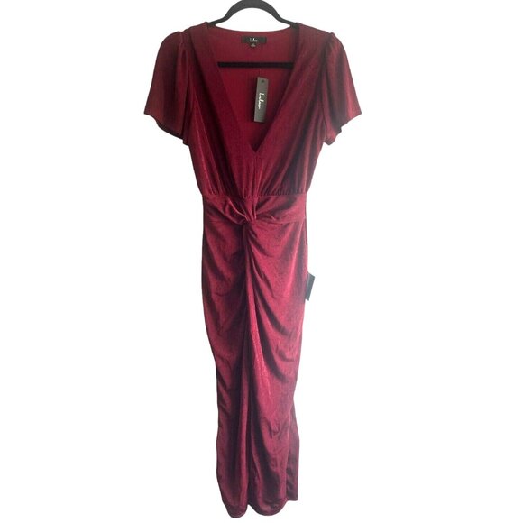 Lulus Dash of Charm Burgundy Short Sleeve Twisted Front Midi Dress Size Medium - Picture 1 of 10